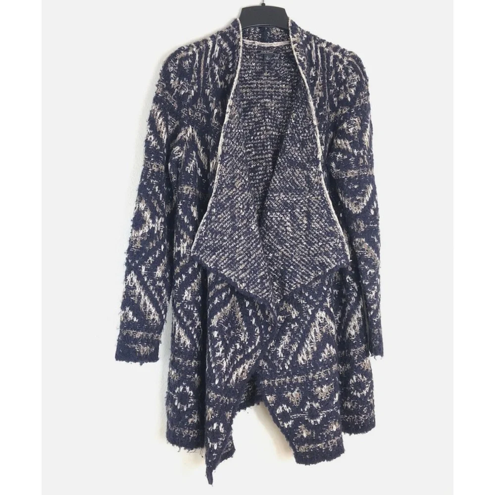 Lucky Brand Navy Geometric Intarsia Alpaca Blend Knit Sweater Cardigan Sz Large - Picture 5 of 11